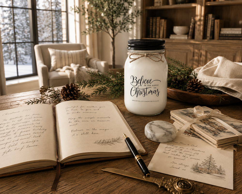 BELIEVE IN THE MAGIC OF CHRISTMAS candle displayed on a reclaimed white oak sideboard beside a beautifully decorated Christmas tree, surrounded by cedar garland, vintage ornaments, Christmas cards, and warm evening light in a cozy modern farmhouse.