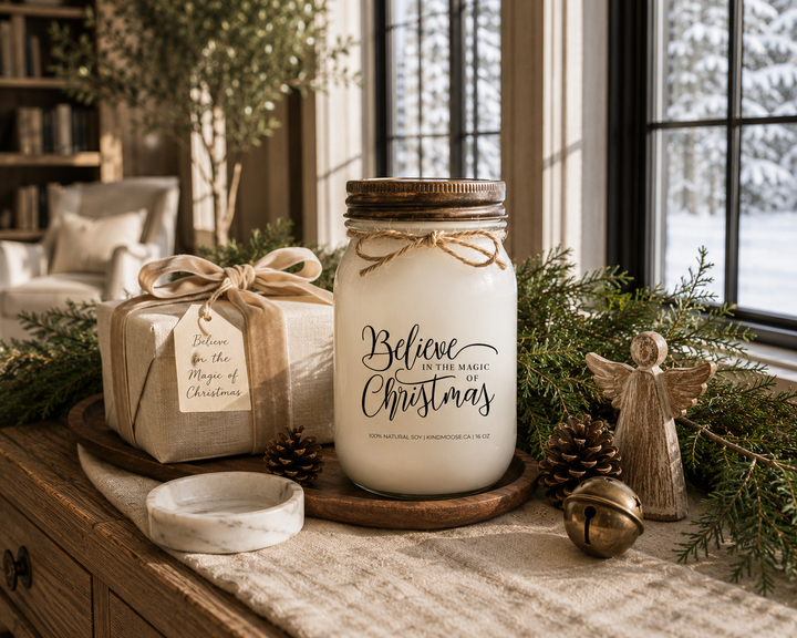 BELIEVE IN THE MAGIC OF CHRISTMAS candle on a rustic reclaimed white oak harvest table in a luxury farmhouse sunroom, surrounded by fresh cedar garland, pinecones, antique brass accents, and warm winter sunlight streaming through black-framed windows overlooking fresh snowfall.