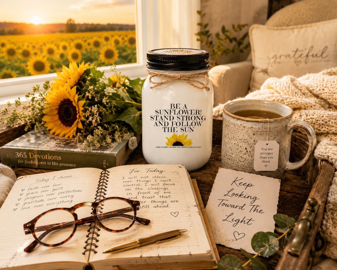 BE A SUNFLOWER! STAND STRONG AND FOLLOW THE SUN soy candle displayed beside an inspirational journal, handwritten note, herbal tea, fresh sunflowers, and cozy farmhouse décor overlooking a sunflower field.