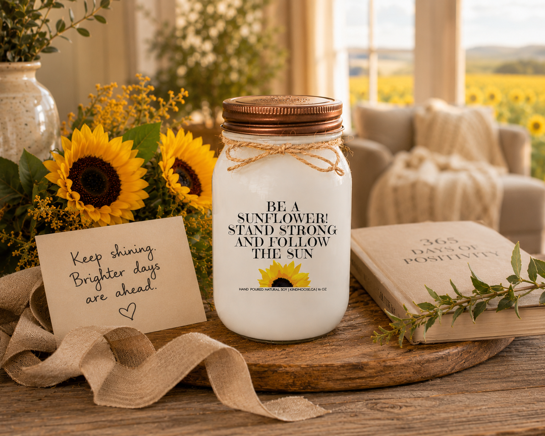BE A SUNFLOWER! STAND STRONG AND FOLLOW THE SUN soy candle with distressed bronze lid styled as a thoughtful encouragement gift surrounded by fresh sunflowers, greenery, linen ribbon, and uplifting farmhouse décor.