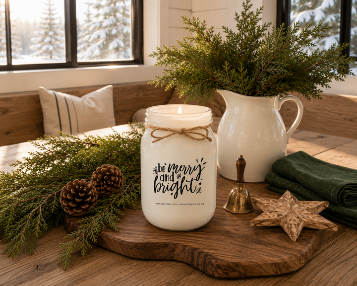 Be Merry and Bright customizable Christmas candle burning without a lid on a reclaimed white oak breakfast nook beside fresh cedar sprigs, pinecones, an antique brass hand bell, a white ceramic pitcher filled with evergreen cuttings, and a carved wooden star in a bright Canadian farmhouse on Christmas morning.