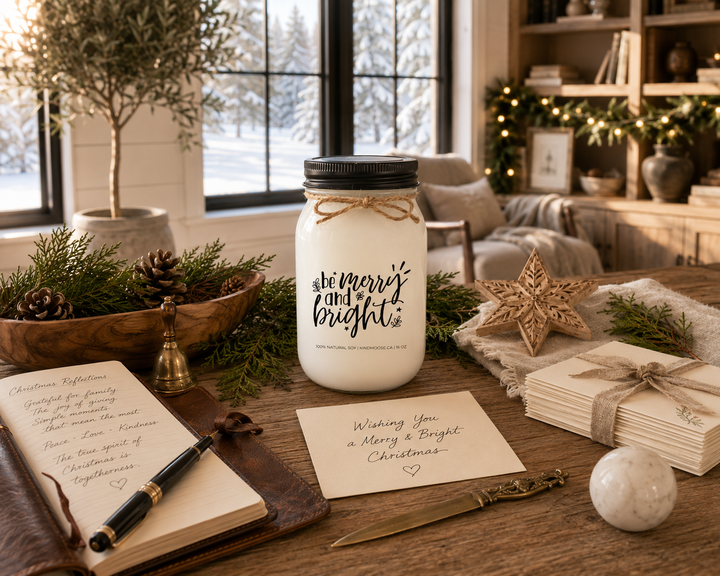 Be Merry and Bright customizable Christmas candle with a black lid displayed on a reclaimed white oak writing desk beside a handwritten Christmas card, leather journal, fountain pen, cedar sprigs, pinecones, and elegant brass accents inside a peaceful Canadian farmhouse Christmas study.