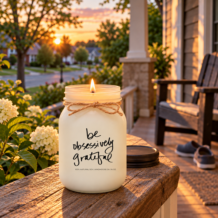 KINDMOOSE Be Obsessively Grateful 16 oz candle burning with a single flame on a welcoming front porch overlooking a peaceful neighbourhood on a beautiful summer evening.