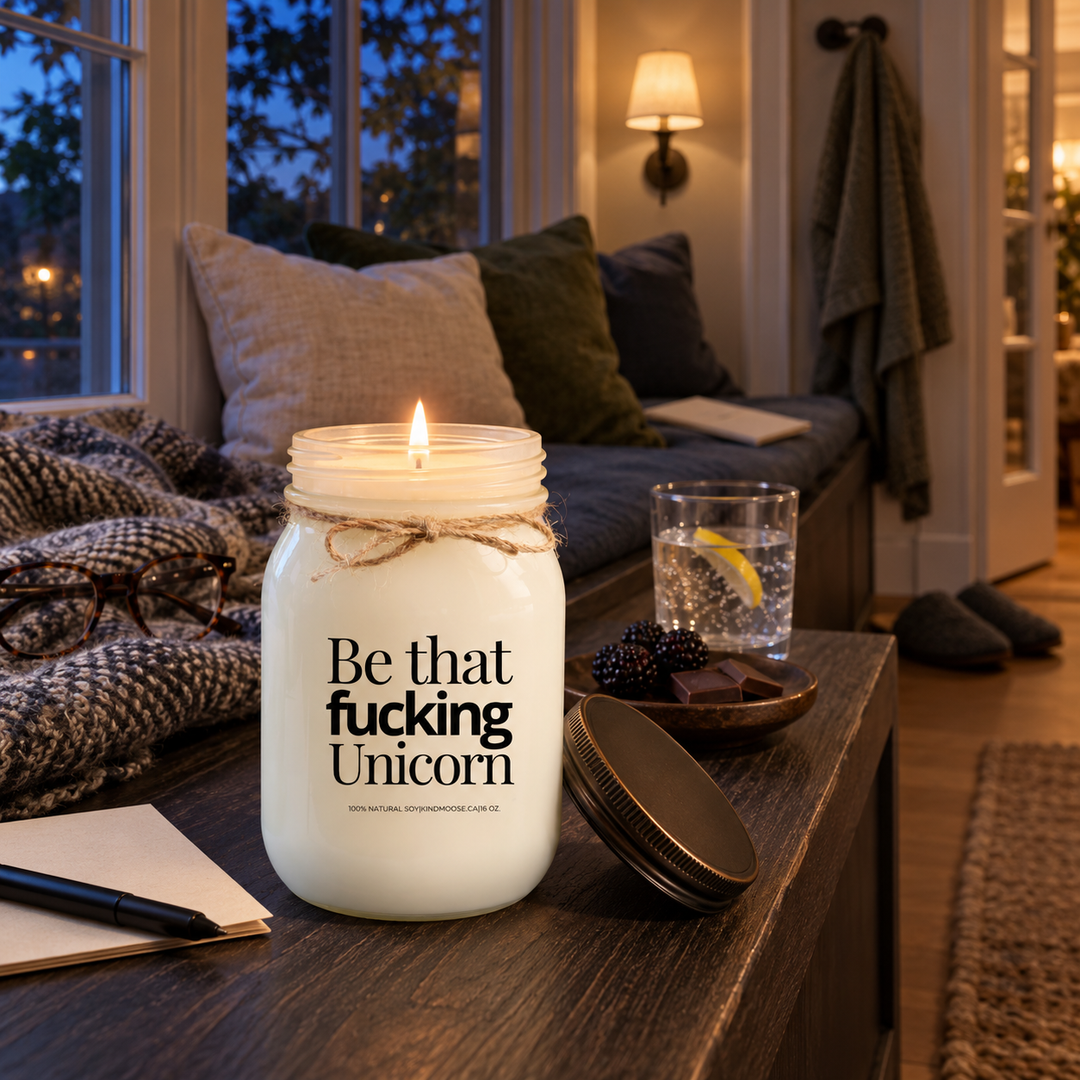 Burning Be That Fucking Unicorn KINDMOOSE candle in a cozy blue-hour window lounge with a relaxed, reflective evening atmosphere.