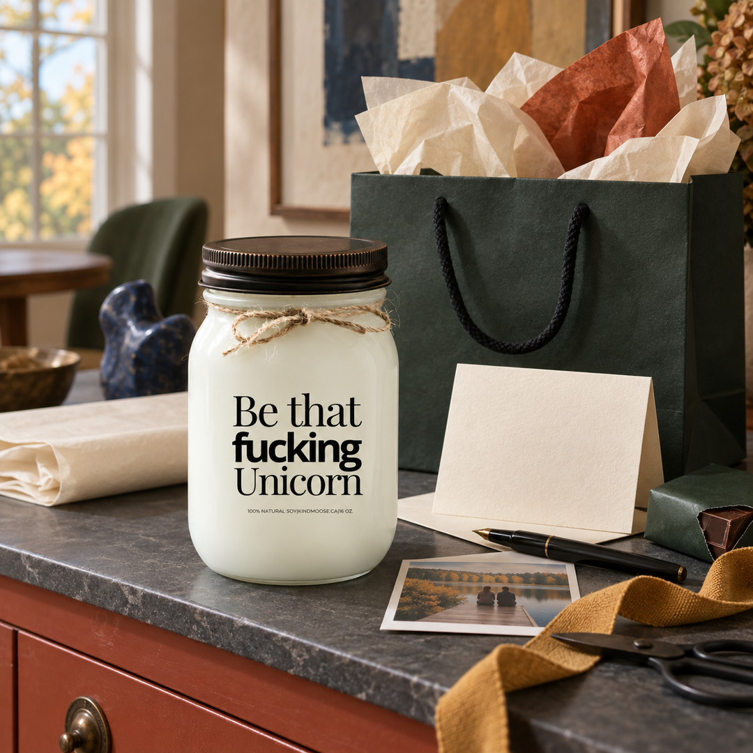 Be That Fucking Unicorn KINDMOOSE candle presented as a thoughtful gift with a forest-green gift bag, blank card, ribbon and chocolate.