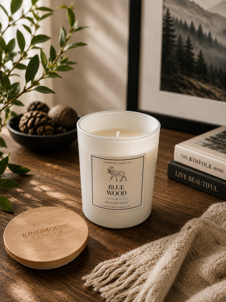 Blue Wood 6 oz soy candle by KINDMOOSE Candle Co. with a natural wood lid displayed beside the candle on a rustic wooden table. Styled with books, pinecones, driftwood, greenery, and soft natural light in a cozy cabin-inspired setting that reflects the fragrance's rich, woodsy character.