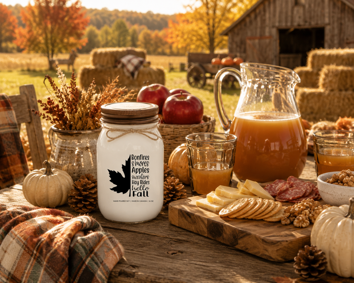 BONFIRES, S'MORES, APPLES, SWEATERS, HAY RIDES, HELLO FALL soy candle with distressed bronze lid styled at a fall harvest gathering with apple cider, seasonal snacks, pumpkins, and warm autumn sunshine.