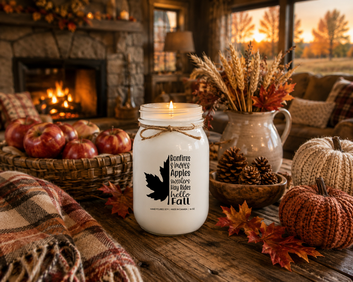 Burning BONFIRES, S'MORES, APPLES, SWEATERS, HAY RIDES, HELLO FALL soy candle in a cozy farmhouse living room featuring a stone fireplace, apples, knit pumpkins, pinecones, and warm autumn décor.