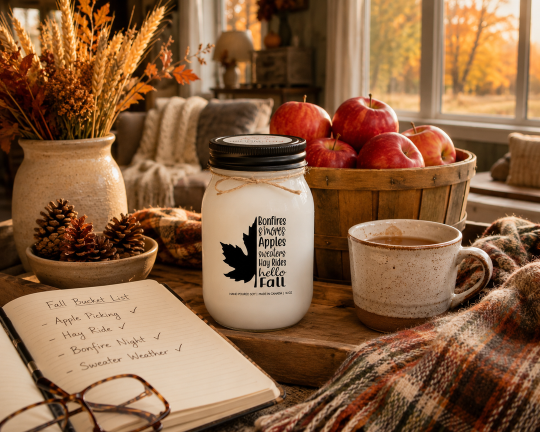 BONFIRES, S'MORES, APPLES, SWEATERS, HAY RIDES, HELLO FALL soy candle displayed beside a fall bucket list journal, hot apple cider, fresh-picked apples, plaid scarf, and rustic farmhouse décor.