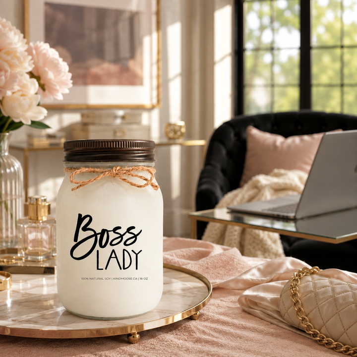 Boss Lady candle styled in an elegant feminine workspace with blush accents, laptop, flowers and black velvet chair in warm sunlight.