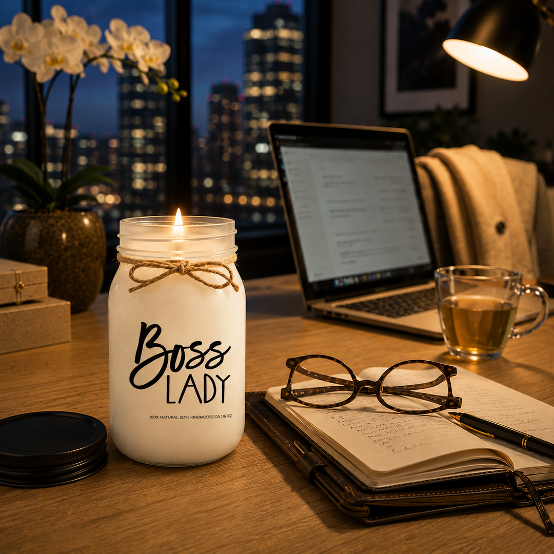 Burning Boss Lady candle on an evening office desk with laptop, planner and glasses overlooking softly lit city buildings.