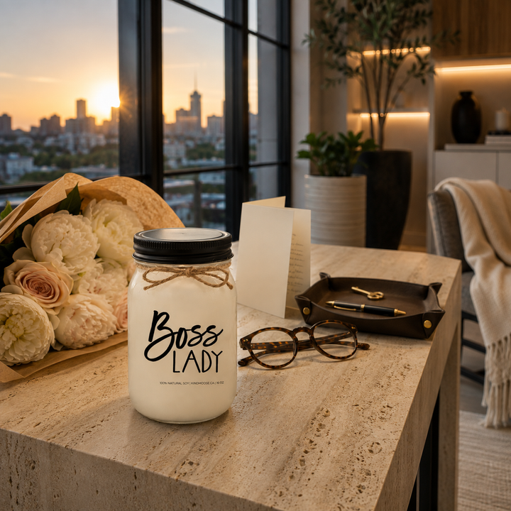Burning Boss Lady candle on an evening office desk with laptop, planner and glasses overlooking softly lit city buildings.