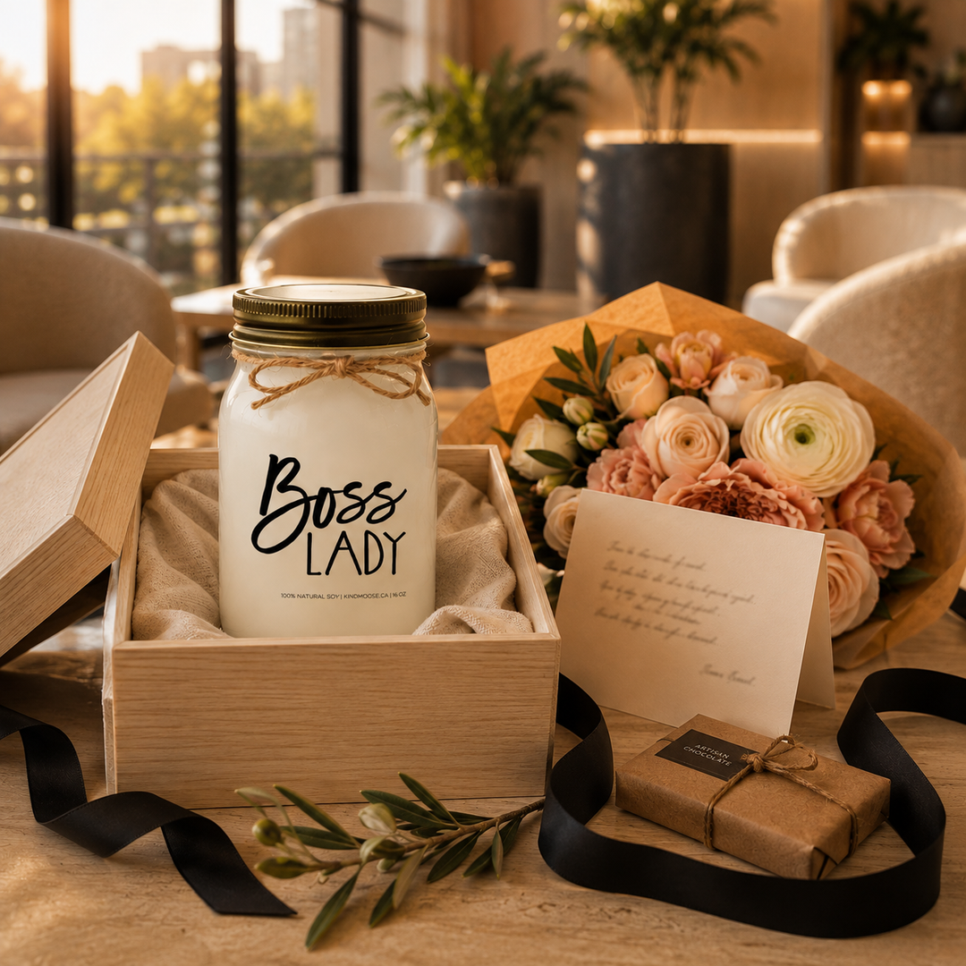 Boss Lady candle presented in a wooden gift box with blush flowers, handwritten card and black ribbon in an elegant modern setting.