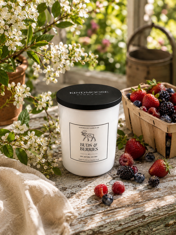 Buds & Berries 6 oz soy candle by KINDMOOSE Candle Co. displayed with fresh mixed berries, delicate spring blossoms, and natural greenery in a bright, premium cottage-inspired setting. Hand-poured in Canada with a black lid and clean minimalist label.