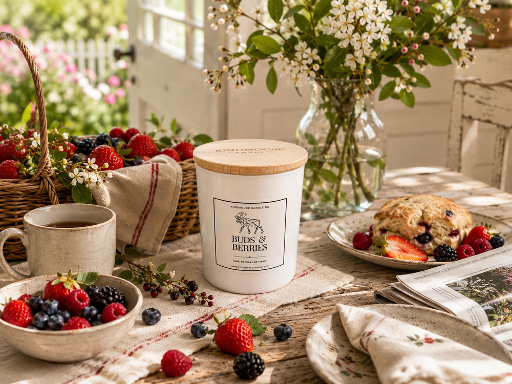 Buds & Berries 6 oz soy candle by KINDMOOSE Candle Co. styled on a bright cottage breakfast table with fresh berries, spring flowers, linen textures, and warm natural sunlight, creating a welcoming lifestyle scene inspired by meaningful moments at home.