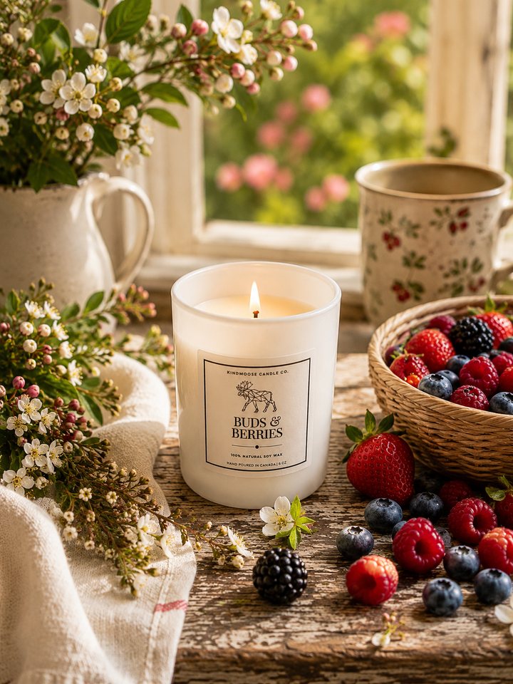 Buds & Berries 6 oz soy candle by KINDMOOSE Candle Co. burning in a bright spring-inspired cottage setting surrounded by fresh berries, soft greenery, and warm natural light, creating a cozy atmosphere for everyday moments.