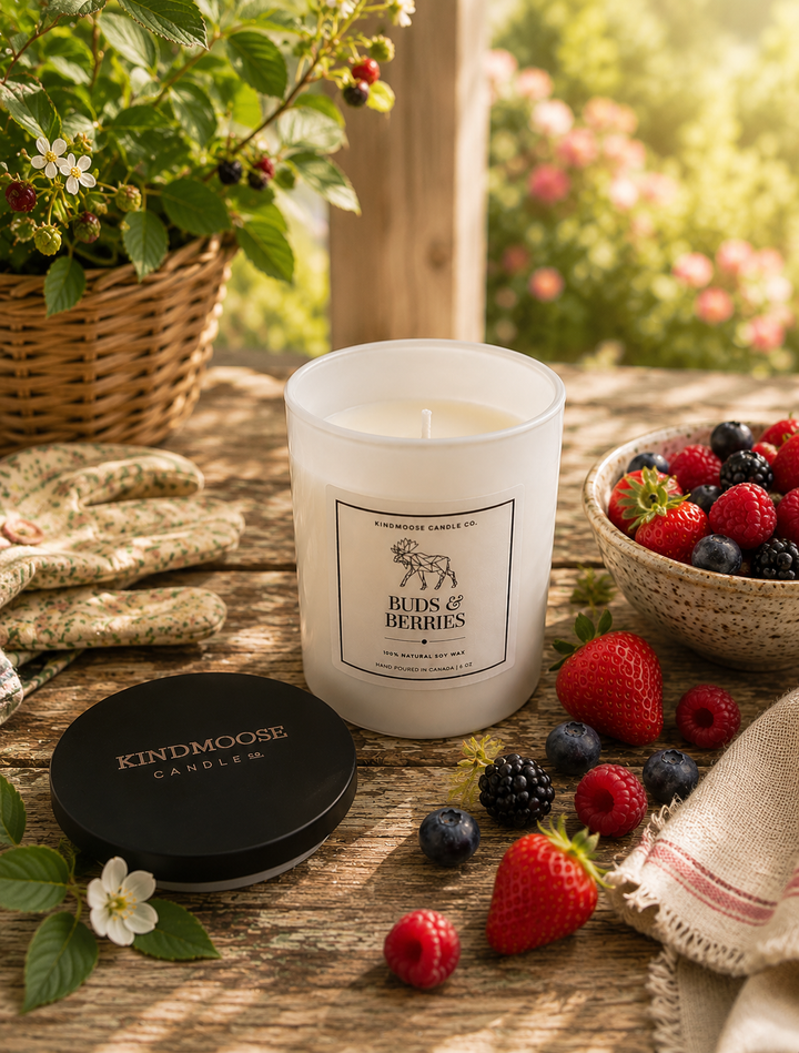 Buds & Berries 6 oz soy candle by KINDMOOSE Candle Co. displayed with fresh raspberries, strawberries, blueberries, blackberries, subtle white blossoms, and natural greenery in a bright spring garden setting that reflects the fragrance profile.