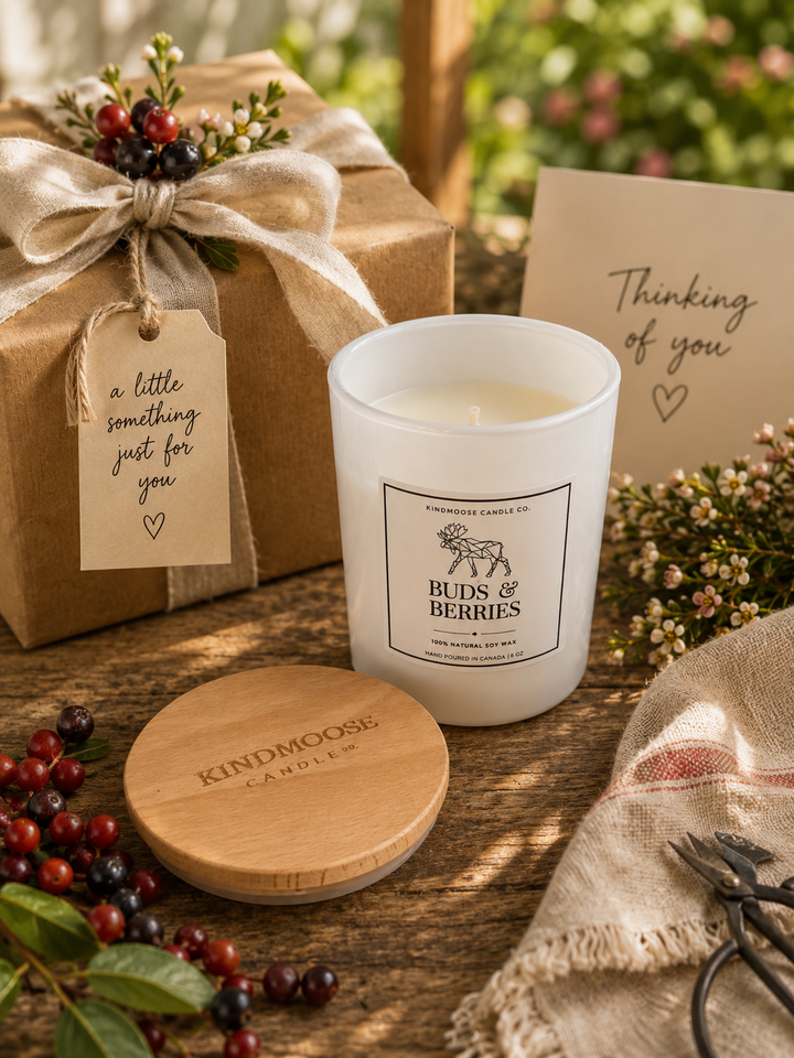 Buds & Berries 6 oz soy candle by KINDMOOSE Candle Co. presented as a thoughtful gift with a wrapped package, soft ribbon, greeting card, fresh spring greenery, and mixed berries in a bright, premium cottage-inspired setting.