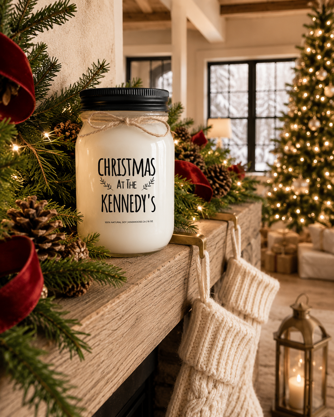 Personalized "Christmas at the..." soy candle with a black lid displayed on a beautifully decorated farmhouse mantel with cedar garland, warm Christmas lights, stockings, and a glowing Christmas tree in the background.
