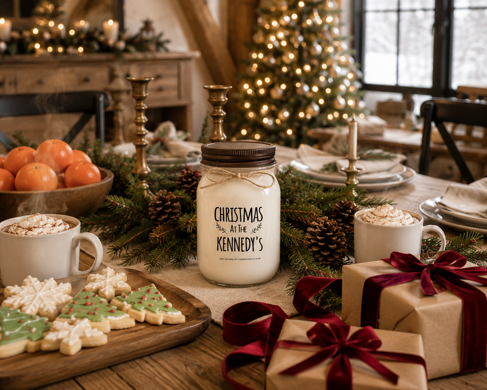 Personalized "Christmas at the..." soy candle with a distressed bronze lid displayed on a festive farmhouse dining table surrounded by Christmas cookies, hot chocolate, wrapped gifts, cedar garland, and elegant holiday décor.