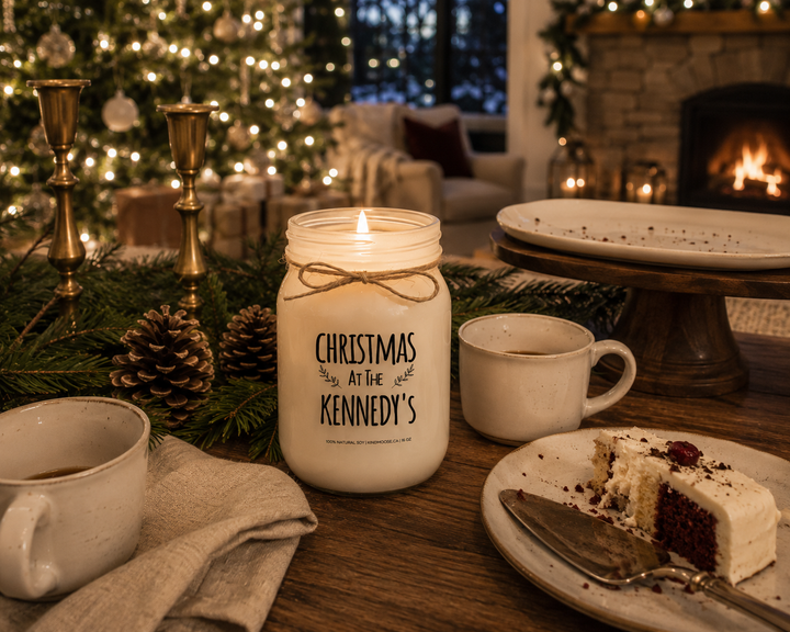 Personalized "Christmas at the..." soy candle burning without a lid on a reclaimed wood sideboard after Christmas dinner, surrounded by dessert, coffee mugs, pinecones, and a softly glowing Christmas tree in a cozy farmhouse living room.