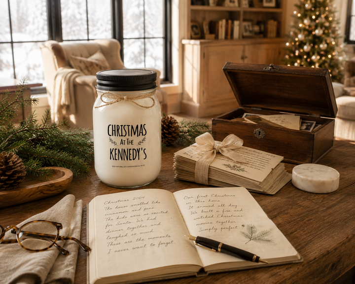 Personalized "Christmas at the..." soy candle with a black lid displayed on a farmhouse writing desk beside a handwritten Christmas journal, holiday cards, reading glasses, and keepsakes inside a cozy family library.