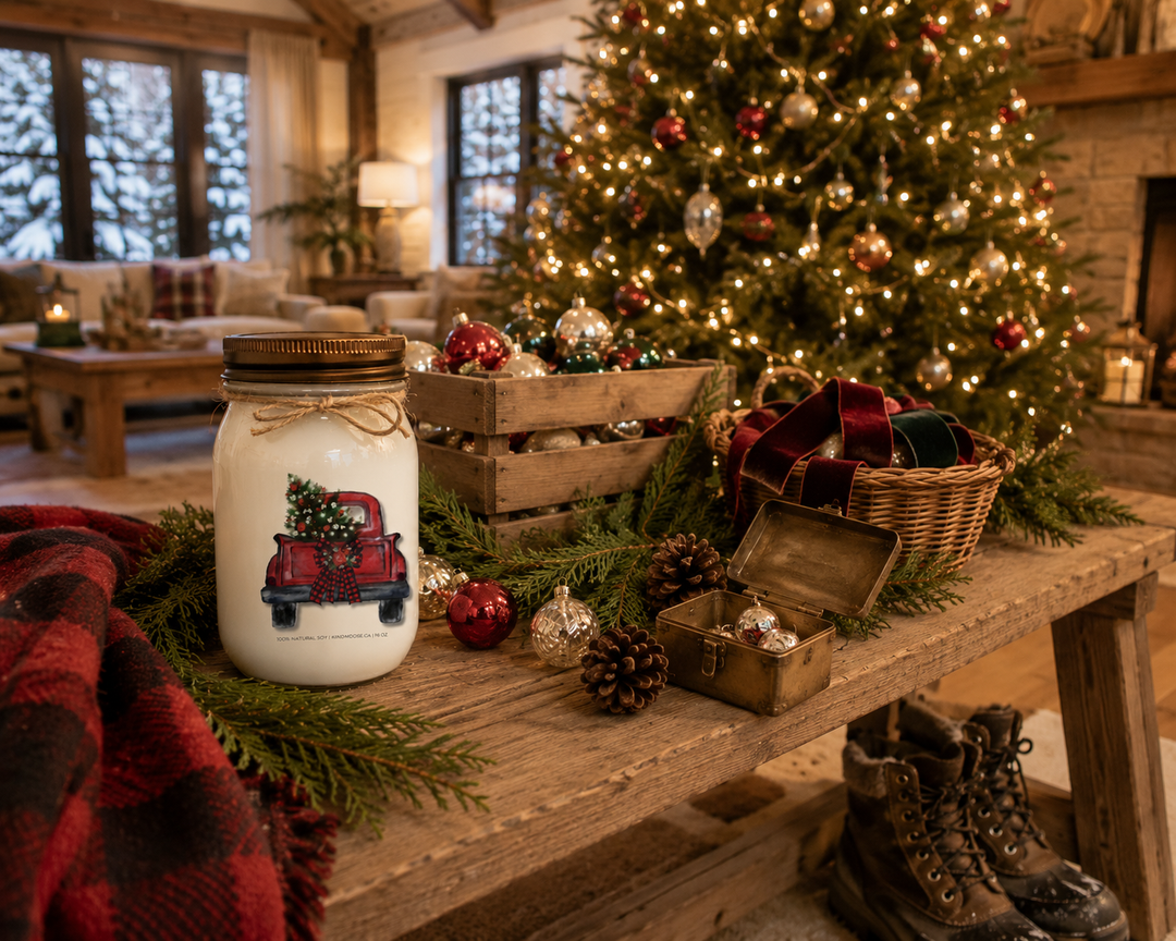 CHRISTMAS TREE TRUCK personalized Christmas candle beside a nearly decorated Christmas tree on a reclaimed white oak farmhouse bench with ornament crates, buffalo plaid blanket, pinecones, and warm holiday lighting in a luxury farmhouse great room.