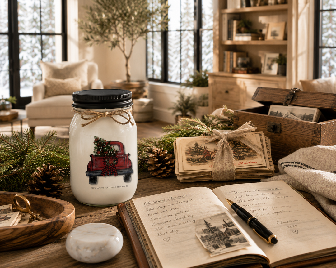 CHRISTMAS TREE TRUCK personalized Christmas candle on a reclaimed white oak writing desk with a Christmas memory journal, vintage postcards, cedar sprigs, pinecones, and keepsake box inside a bright luxury farmhouse Christmas studio.