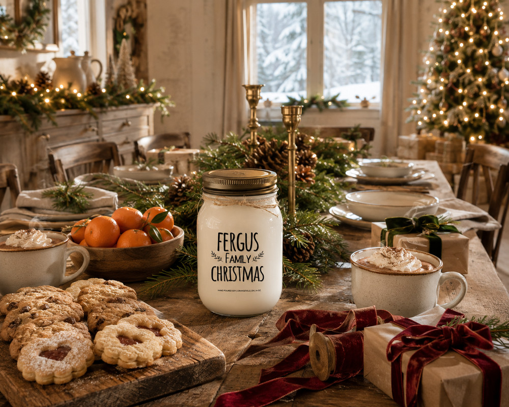 Personalized FAMILY CHRISTMAS candle by KINDMOOSE with a distressed bronze lid displayed as the centerpiece of a beautifully decorated farmhouse Christmas dining table. Freshly baked Christmas cookies, steaming hot chocolate, clementines, evergreen garland, pinecones, elegant dinnerware, wrapped gifts, and soft Christmas tree lights create a welcoming Christmas Eve atmosphere filled with anticipation, family traditions, and holiday warmth.