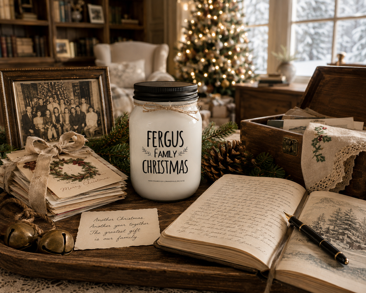 Personalized FAMILY CHRISTMAS candle by KINDMOOSE with a black lid displayed in a cozy farmhouse library beside a well-loved Christmas journal, handwritten holiday note, vintage fountain pen, Christmas cards, framed family photograph, antique keepsake box, evergreen sprigs, pinecones, and a brass sleigh bell. Warm morning sunlight and a softly glowing Christmas tree create a peaceful keepsake scene celebrating family memories and holiday traditions.