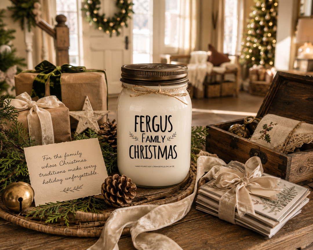 Personalized FAMILY CHRISTMAS candle by KINDMOOSE with a distressed bronze lid displayed as the hero on a beautifully styled farmhouse entry console. Surrounded by wrapped Christmas gifts, ivory velvet ribbon, fresh cedar and pine branches, pinecones, a brass sleigh bell, wooden star ornament, embroidered linen, and a handwritten holiday card, the frosted white mason jar candle creates an elegant Christmas gifting scene celebrating meaningful family traditions and thoughtful holiday giving.