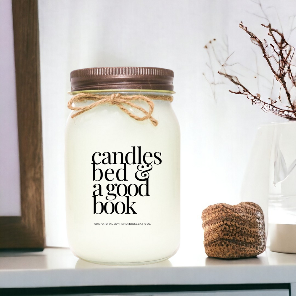 Candles, bed & a good book - 16 oz Scented Soy Candle in Mason Jar - Brown Lid - Choose from a variety of scents 