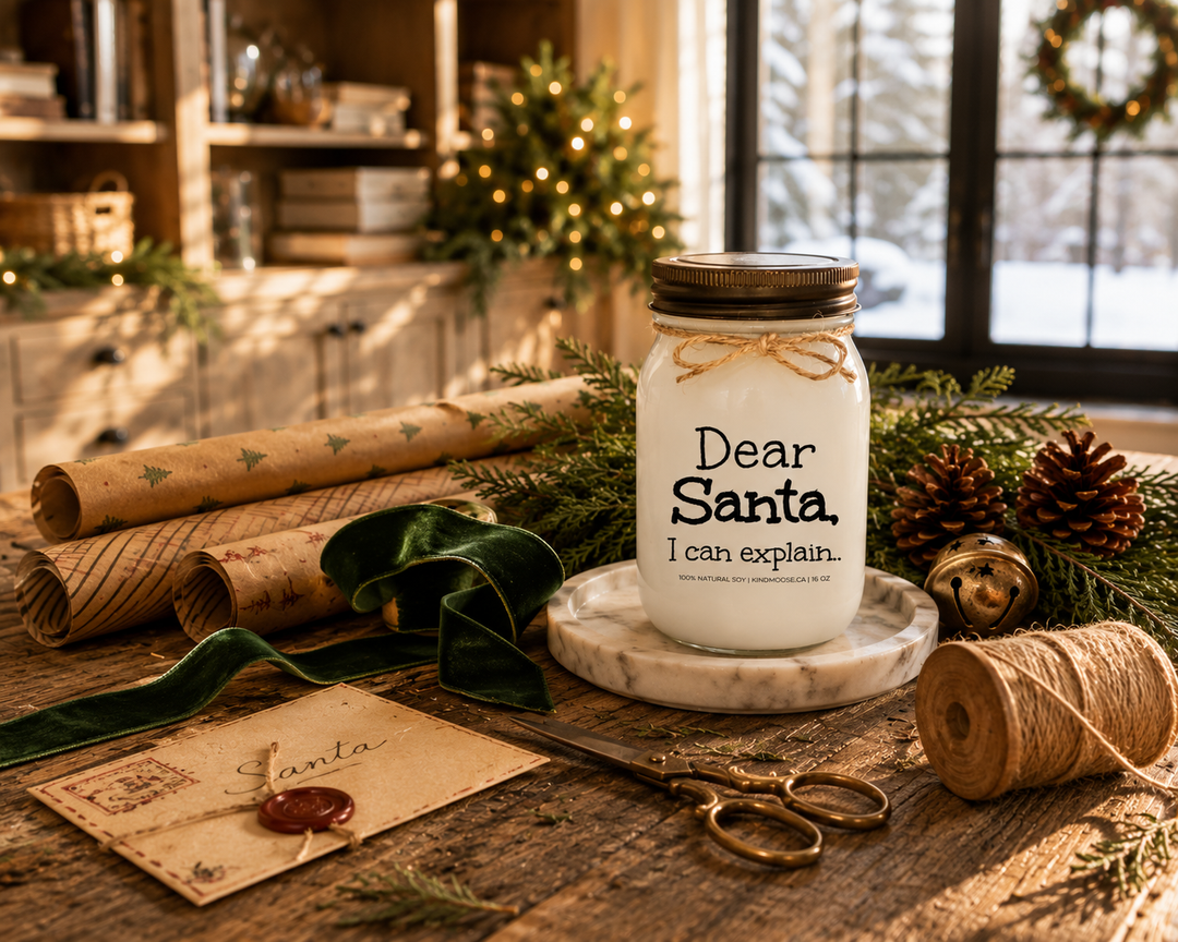 KINDMOOSE Dear Santa, I Can Explain candle with a distressed bronze lid on a reclaimed white oak gift-wrapping table surrounded by kraft wrapping paper, green velvet ribbon, antique brass scissors, cedar branches, pinecones, and a vintage letter to Santa in a cozy Canadian farmhouse decorated for Christmas.