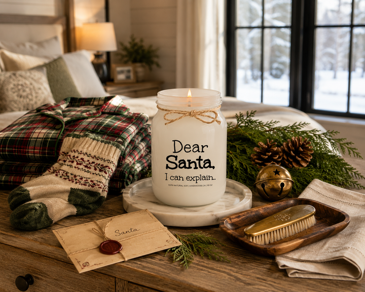 KINDMOOSE Dear Santa, I Can Explain candle burning without a lid on a reclaimed white oak bedroom dresser beside folded plaid Christmas pajamas, cozy wool socks, cedar sprigs, pinecones, a walnut valet tray, and a vintage letter to Santa in a peaceful luxury Canadian farmhouse bedroom.