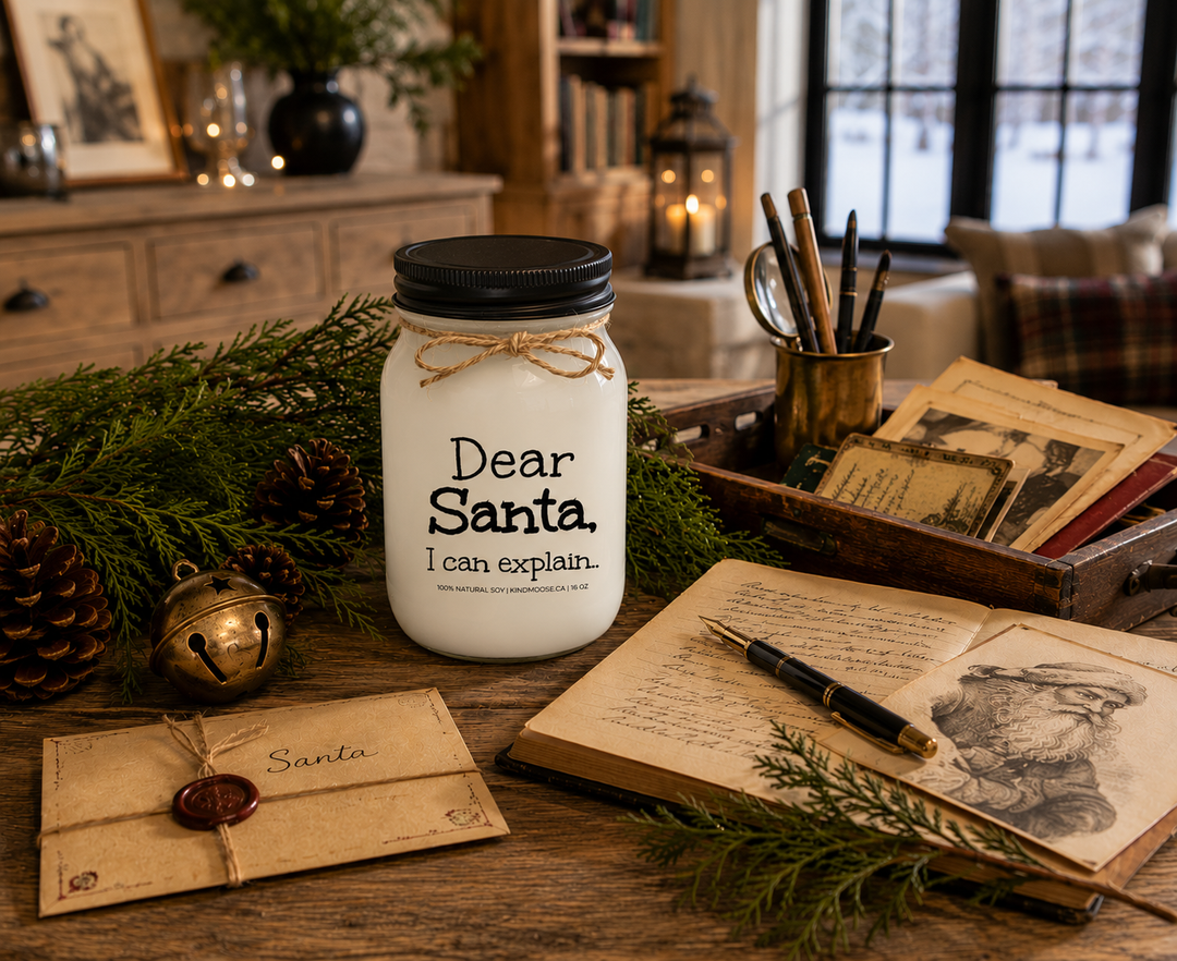 KINDMOOSE Dear Santa, I Can Explain candle with a black lid displayed on a reclaimed white oak library table beside a handcrafted keepsake box, vintage letters to Santa, cedar branches, pinecones, antique brass reading accessories, and treasured Christmas memories inside a luxury Canadian modern farmhouse reading room.