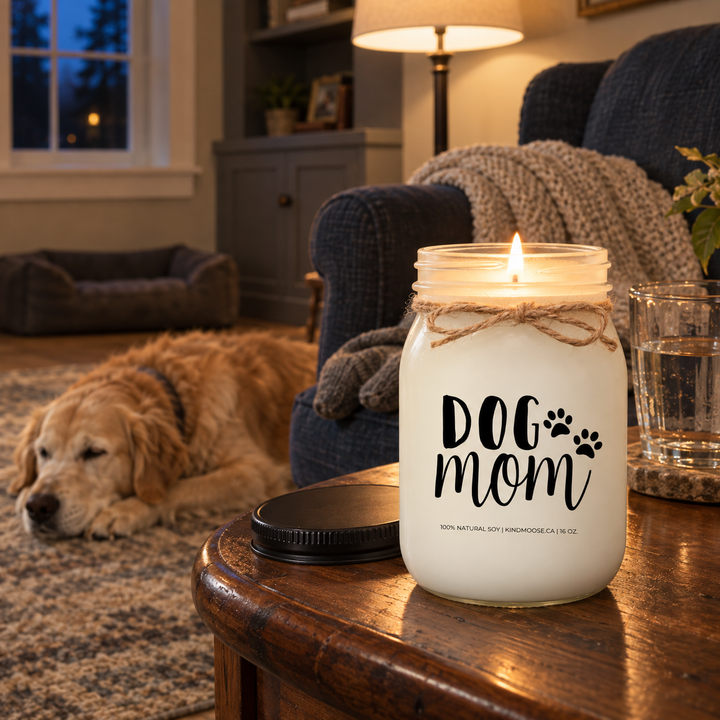 KINDMOOSE DOG MOM 16 oz candle burning in a cozy evening reading nook with a Golden Retriever sleeping beside the chair.