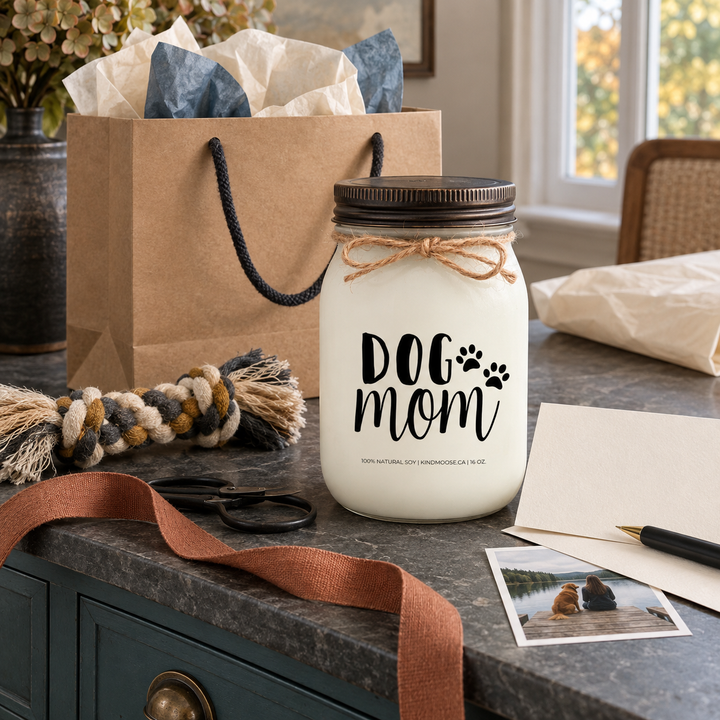 KINDMOOSE DOG MOM 16 oz candle presented as a thoughtful gift with a kraft gift bag, blank card and braided dog toy.