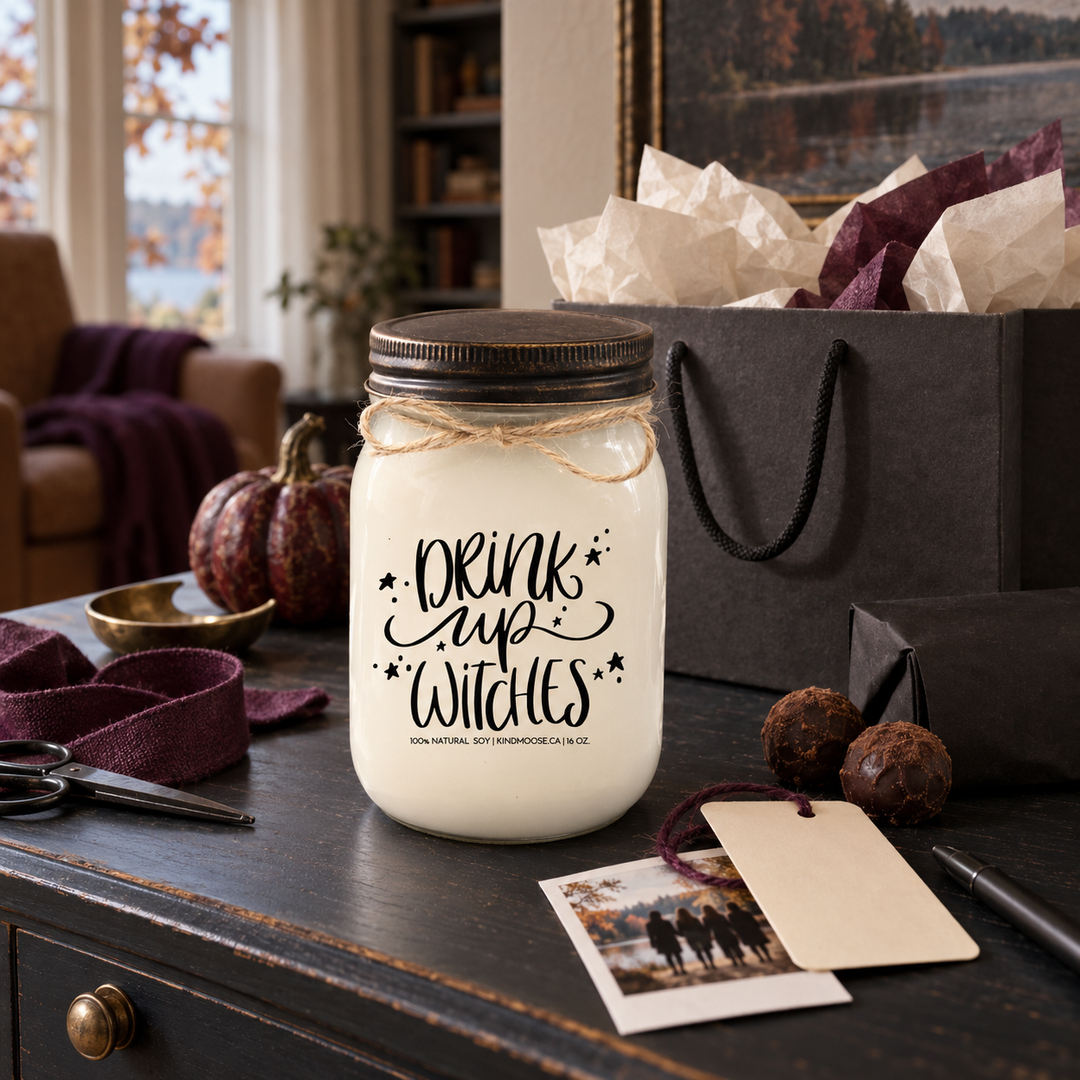 DRINK UP WITCHES KINDMOOSE candle with distressed bronze lid styled as a playful Halloween gift with gift bag, tissue, ribbon and chocolates.