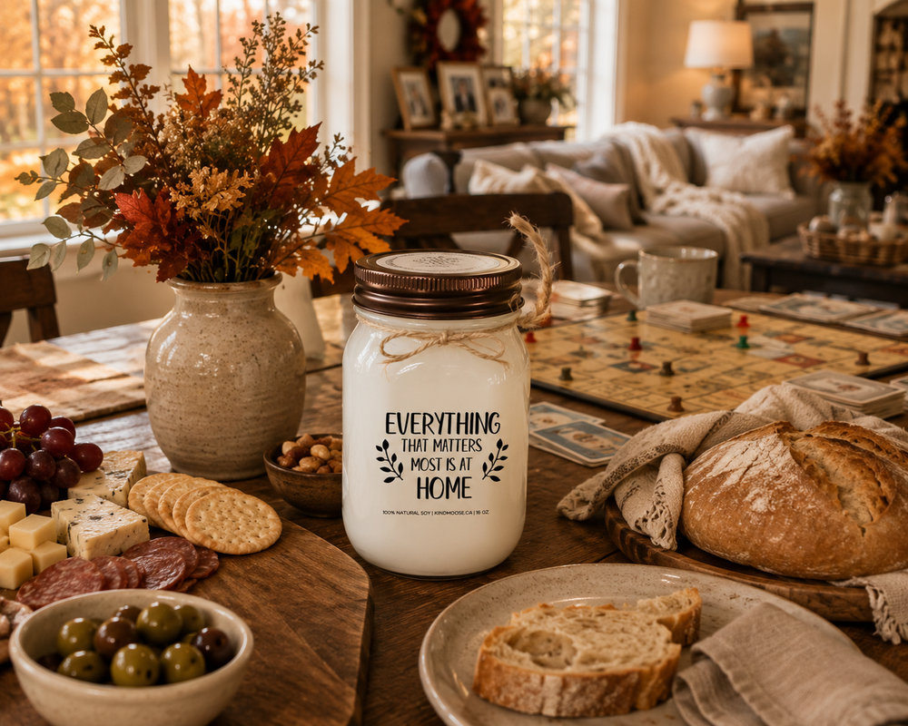 EVERYTHING THAT MATTERS MOST IS AT HOME soy candle with distressed bronze lid styled on a family gathering table with charcuterie, fresh bread, board games, and warm autumn farmhouse décor.