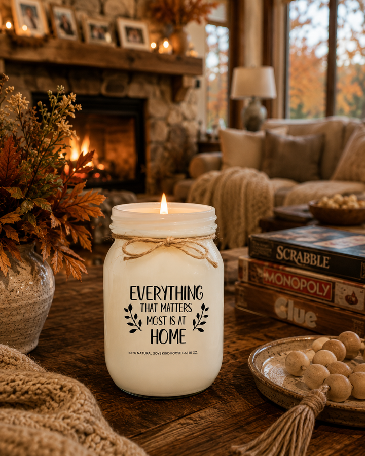 Burning EVERYTHING THAT MATTERS MOST IS AT HOME soy candle in a cozy farmhouse living room featuring a stone fireplace, family board games, autumn greenery, soft blankets, and warm evening light.