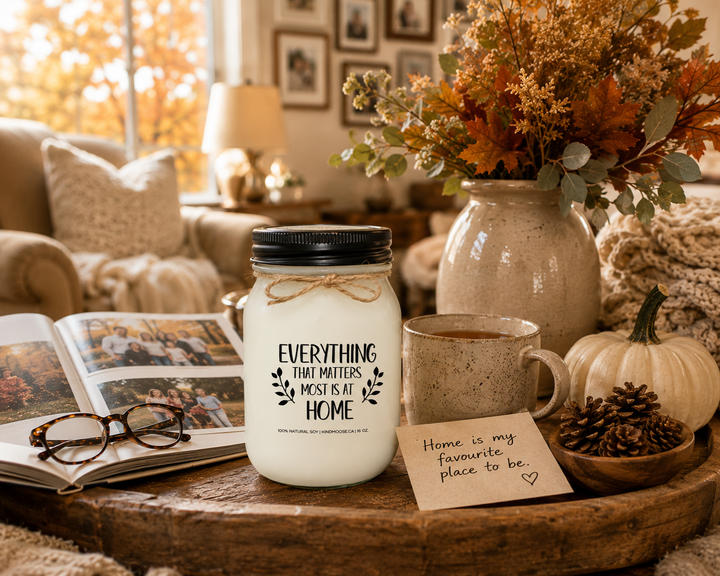 EVERYTHING THAT MATTERS MOST IS AT HOME soy candle displayed beside a family photo album, reading glasses, warm tea, handwritten note, pinecones, and cozy autumn farmhouse décor.