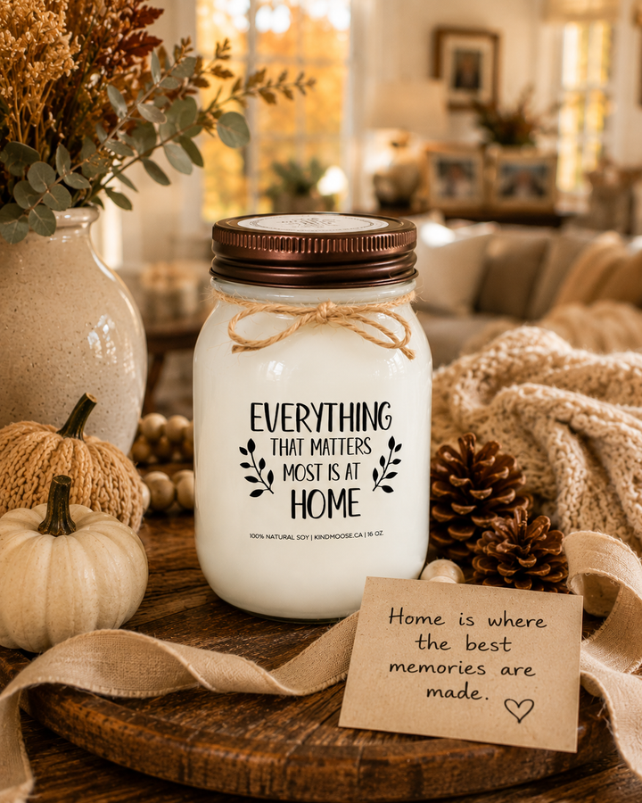 EVERYTHING THAT MATTERS MOST IS AT HOME soy candle with distressed bronze lid styled as a meaningful family gift surrounded by neutral pumpkins, pinecones, autumn greenery, linen ribbon, and warm farmhouse décor.