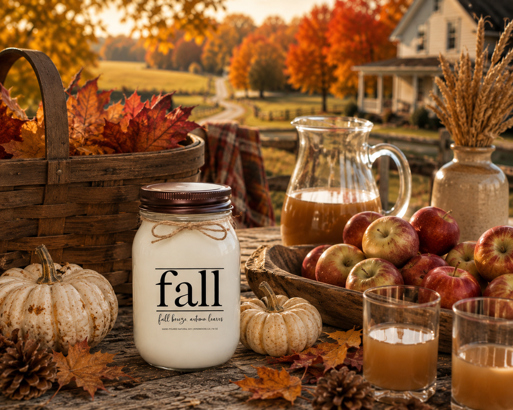 FALL | Fall Breeze, Autumn Leaves soy candle with distressed bronze lid styled on a farmhouse gathering table with apples, apple cider, autumn leaves, pumpkins, pinecones, and cozy seasonal décor.