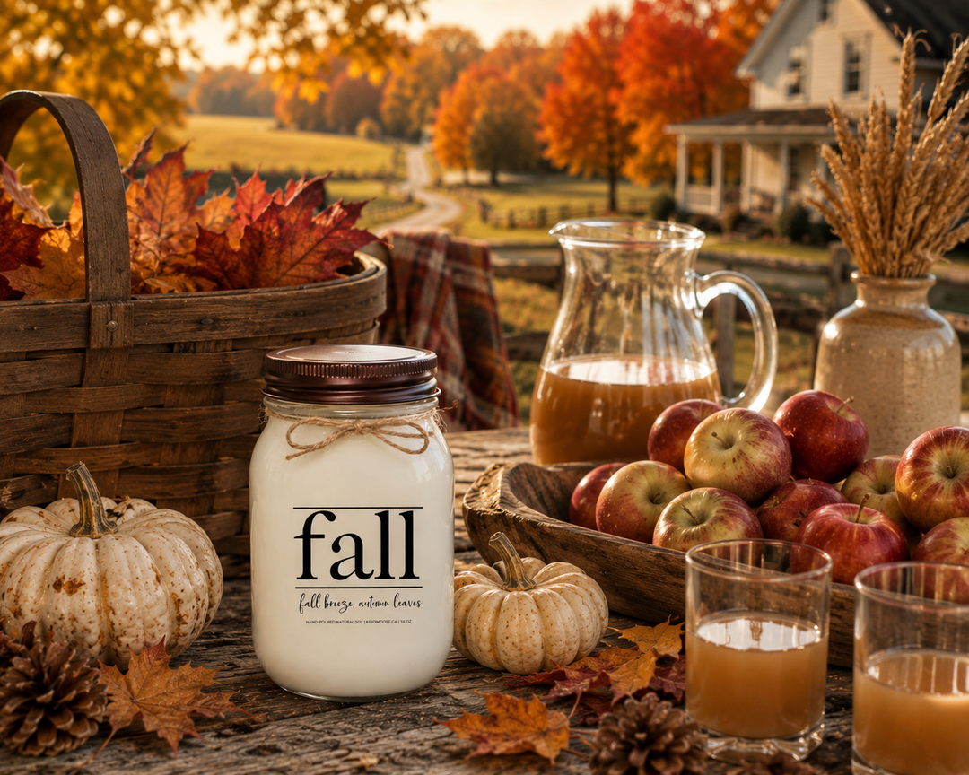 FALL | Fall Breeze, Autumn Leaves soy candle with distressed bronze lid styled on a farmhouse gathering table with apples, apple cider, autumn leaves, pumpkins, pinecones, and cozy seasonal décor.