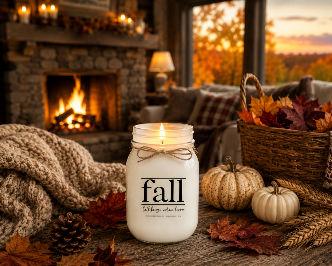Burning FALL | Fall Breeze, Autumn Leaves soy candle in a cozy farmhouse living room featuring a stone fireplace, autumn leaves, pumpkins, pinecones, plaid blankets, and warm evening light.