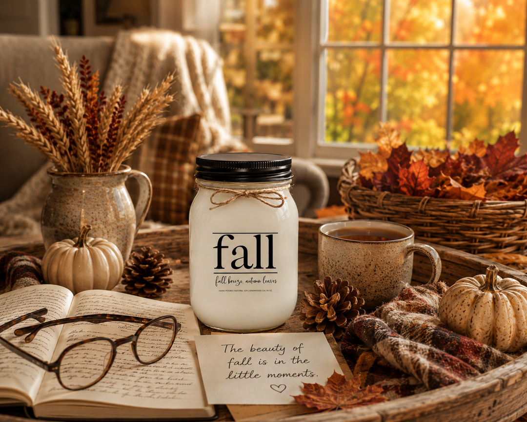 FALL | Fall Breeze, Autumn Leaves soy candle displayed beside an autumn journal, reading glasses, warm apple cider, gathered fall leaves, pumpkins, pinecones, and cozy farmhouse décor.