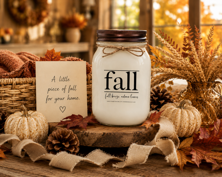 FALL | Fall Breeze, Autumn Leaves soy candle with distressed bronze lid styled as an autumn gift surrounded by colourful fall leaves, pumpkins, pinecones, wheat stems, linen ribbon, and warm farmhouse harvest décor.