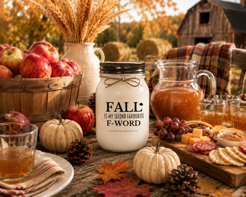 FALL IS MY SECOND FAVOURITE F-WORD soy candle with distressed bronze lid styled on a farmhouse table with apple cider, fresh apples, pumpkins, pinecones, seasonal snacks, and autumn harvest décor.