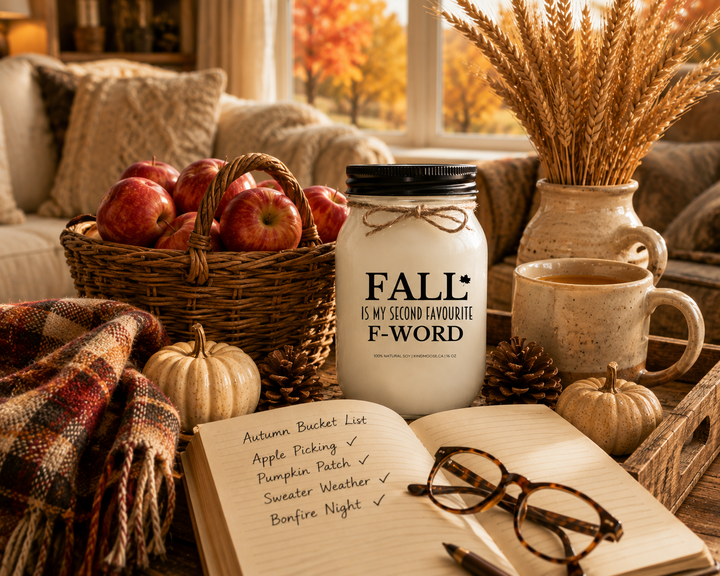 FALL IS MY SECOND FAVOURITE F-WORD soy candle displayed beside a fall bucket list journal, apple cider, pumpkins, fresh apples, pinecones, and cozy autumn farmhouse accents.