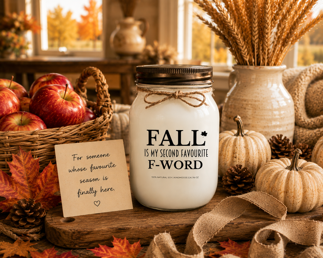 FALL IS MY SECOND FAVOURITE F-WORD soy candle with distressed bronze lid styled as a fall gift with handwritten card, apples, pumpkins, autumn leaves, linen ribbon, and rustic farmhouse décor.